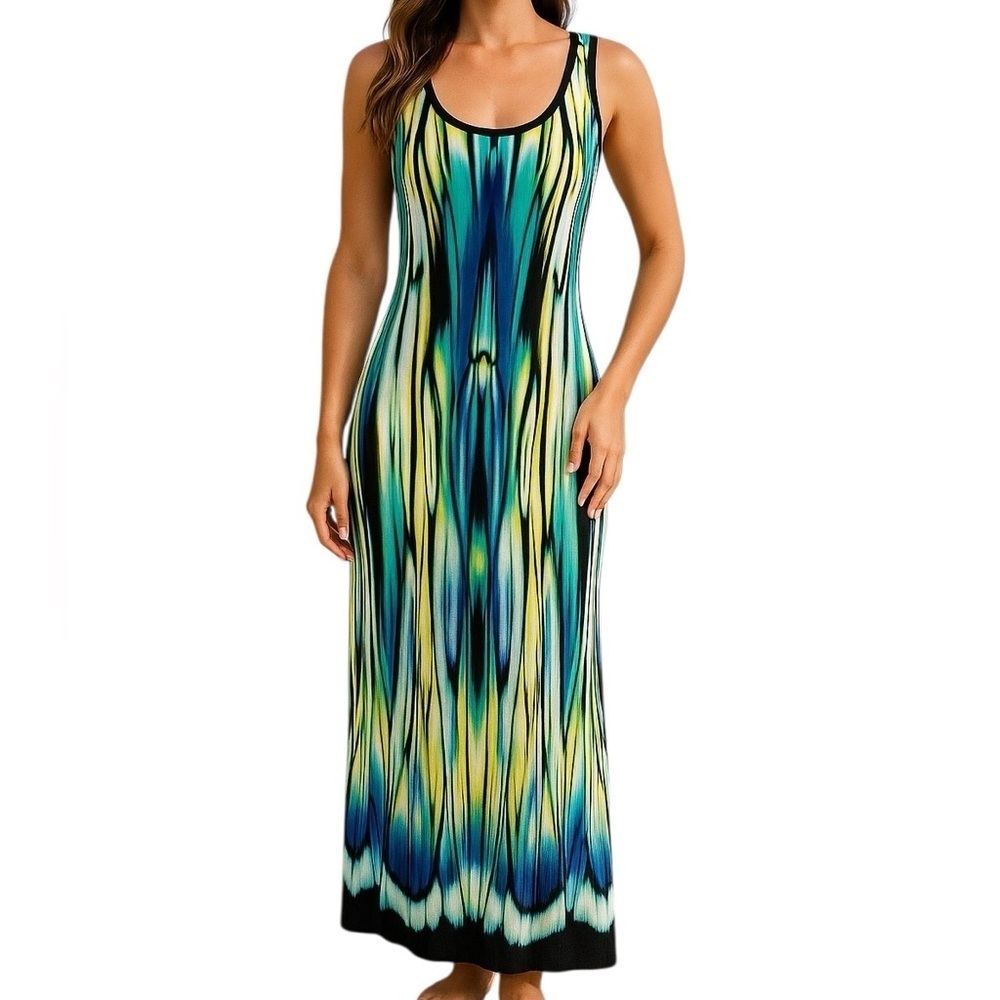 Roz & Ali Size 10 Petite Tank Sleeveless Maxi Dress Watercolor Coastal Beach